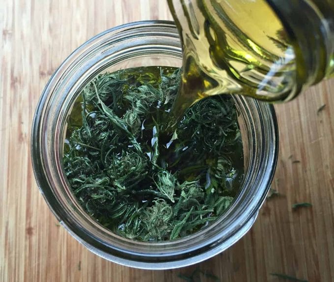 pouring oil over cannabis buds in a jar